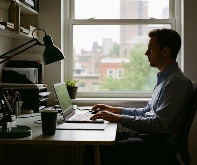 Ein Freelancer in seinem professionellen Home-Office plant die dauerhafte Gestaltung von Remote Work.