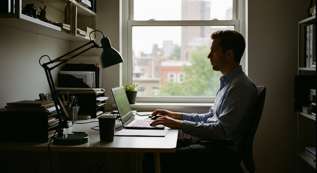 Ein Freelancer in seinem professionellen Home-Office plant die dauerhafte Gestaltung von Remote Work.