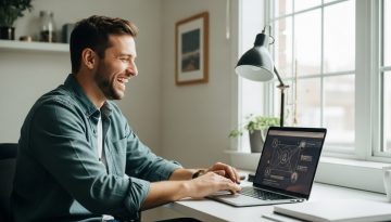 Ein Freelancer nutzt erfolgreich Social Selling am Laptop, um neue Kunden zu gewinnen.