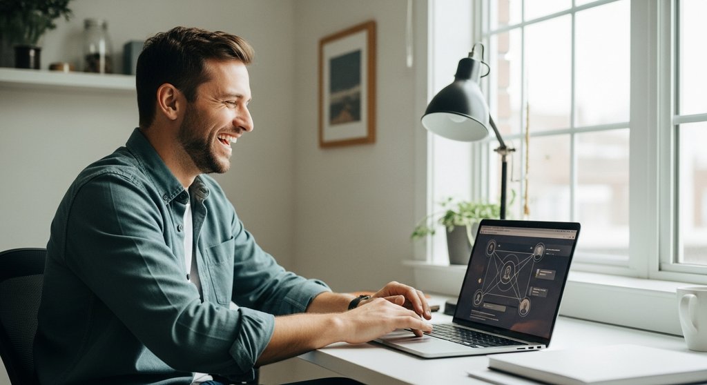 Ein Freelancer nutzt erfolgreich Social Selling am Laptop, um neue Kunden zu gewinnen.