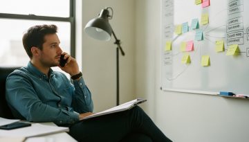 Ein Freelancer plant seine Kaltakquise-Strategie an einem Whiteboard.