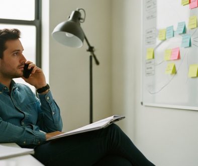 Ein Freelancer plant seine Kaltakquise-Strategie an einem Whiteboard.