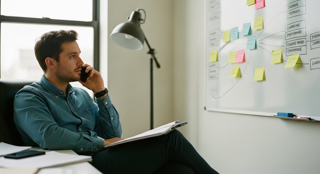 Ein Freelancer plant seine Kaltakquise-Strategie an einem Whiteboard.