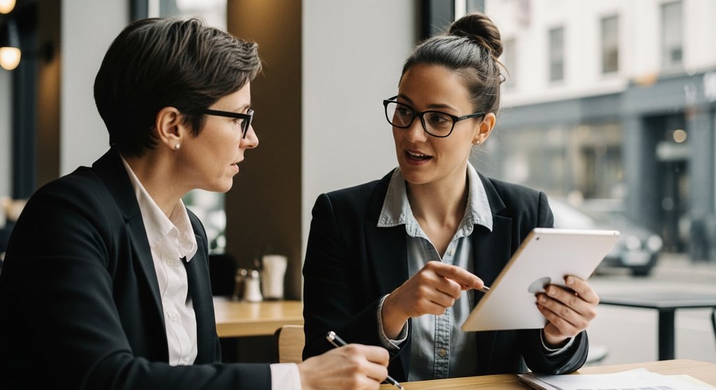 Ein Freelancer und ein potenzieller Kunde sitzen in einem modernen Café und besprechen ein Projekt, wobei der Kunde sichtlich beeindruckt ist. Editorial Style Fotografie, zwei Personen in einem Café, eine Person (ca. 40, Brille, Business-Casual) hört aufmerksam zu, während die andere (ca. 35, kreativ gekleidet) enthusiastisch auf einem Tablet etwas zeigt. Warme, natürliche Beleuchtung, die durch ein Fenster fällt. Geringe Schärfentiefe, die den Fokus auf die Interaktion legt. Muted Tones, Shot on 35mm camera, Kodak Portra 400 style, visible skin texture, candid shot. → Zwei Geschäftsleute besprechen in einem Café eine Empfehlung für einen Freelancer.