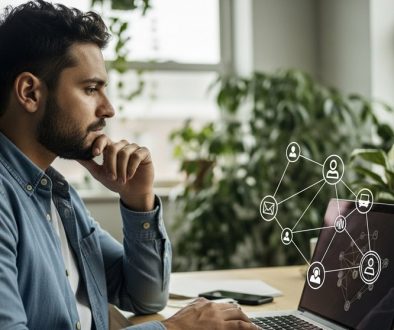 Ein Freelancer vergleicht auf seinem Laptop verschiedene Freelancer-Plattformen in seinem Home-Office.