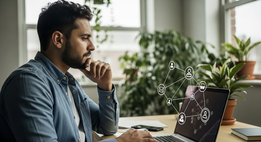 Ein Freelancer vergleicht auf seinem Laptop verschiedene Freelancer-Plattformen in seinem Home-Office.
