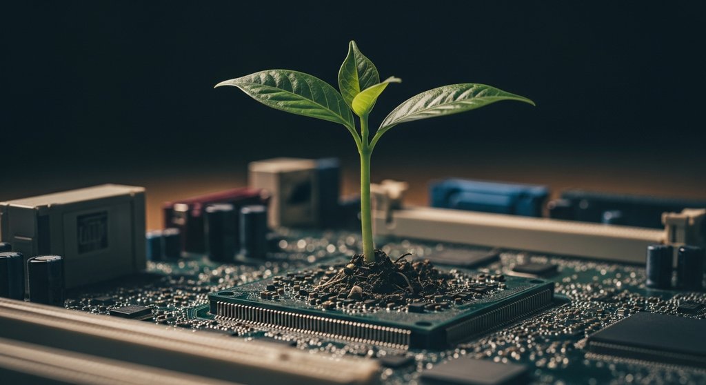 Ein grüner Keimling wächst aus einer Computerplatine als Symbol für Wachstum und Weiterbildung.