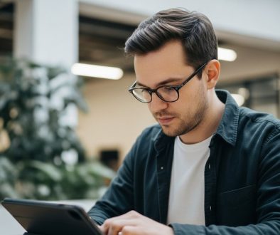 Ein konzentrierter Freelancer bei der projektbasierten Arbeit in einem modernen Büro.