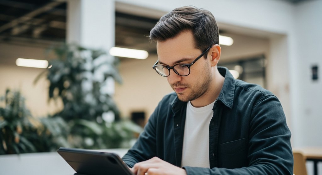 Ein konzentrierter Freelancer bei der projektbasierten Arbeit in einem modernen Büro.