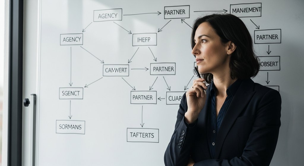 Ein Manager plant eine komplexe Channel Sales Strategie an einem Whiteboard und denkt über die Herausforderungen nach.