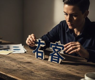 Ein Marketing-Stratege sitzt an einem Holztisch und fügt konzentriert zwei Teile eines zerbrochenen Keramik-Kanjis für „Kunde“ wieder zusammen. Das Licht kommt von der Seite und wirft lange Schatten, was eine nachdenkliche, fokussierte Atmosphäre schafft. Im Hintergrund sind unscharf weitere Geschäftselemente zu sehen. DSLR, High resolution photography, muted tones, depth of field, environmental portrait. →