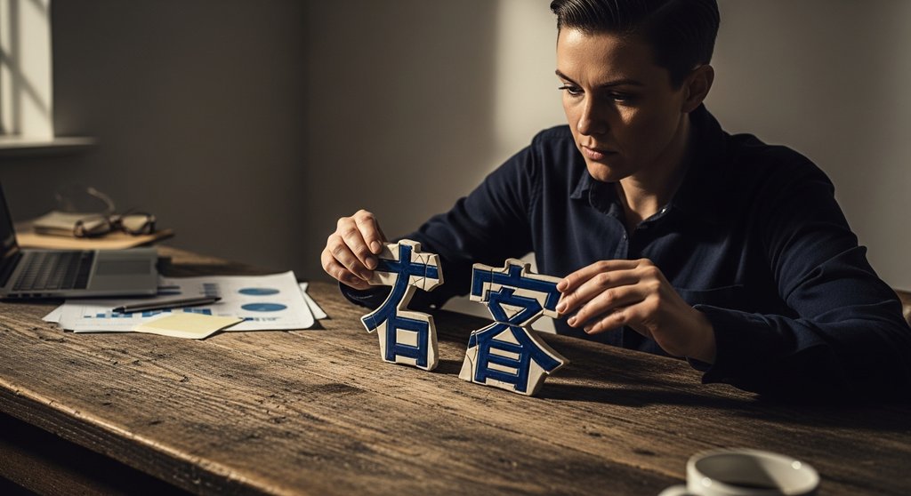 Ein Marketing-Stratege sitzt an einem Holztisch und fügt konzentriert zwei Teile eines zerbrochenen Keramik-Kanjis für „Kunde“ wieder zusammen. Das Licht kommt von der Seite und wirft lange Schatten, was eine nachdenkliche, fokussierte Atmosphäre schafft. Im Hintergrund sind unscharf weitere Geschäftselemente zu sehen. DSLR, High resolution photography, muted tones, depth of field, environmental portrait. →