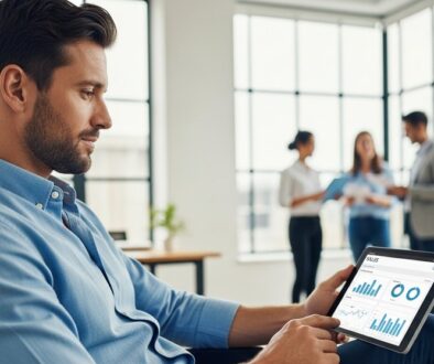 Ein Sales Manager analysiert per Sales Automation seine Vertriebsdaten auf einem Tablet.
