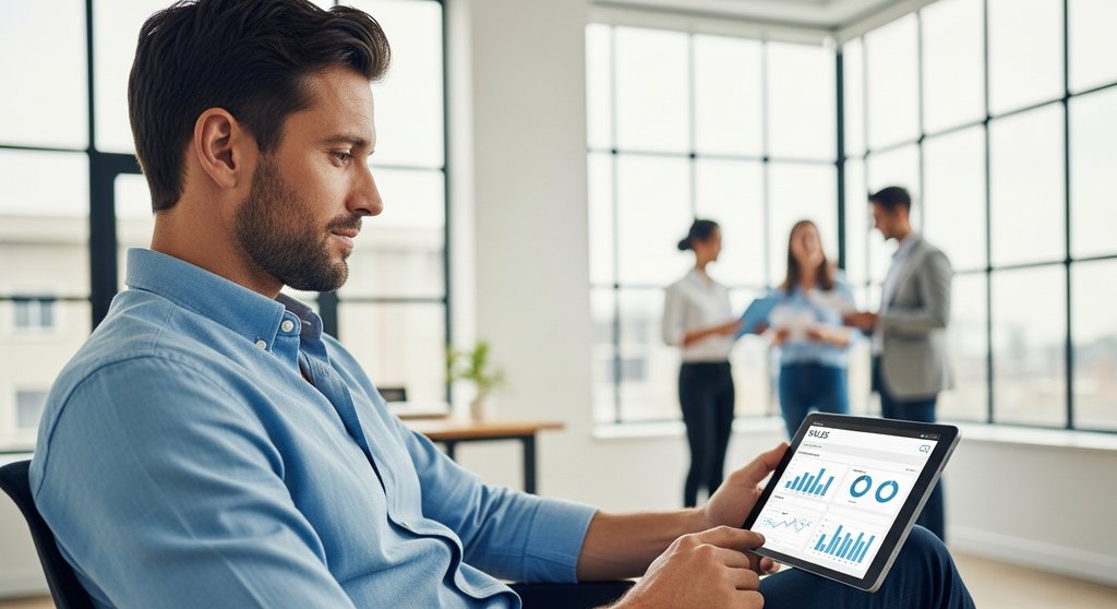 Ein Sales Manager analysiert per Sales Automation seine Vertriebsdaten auf einem Tablet.