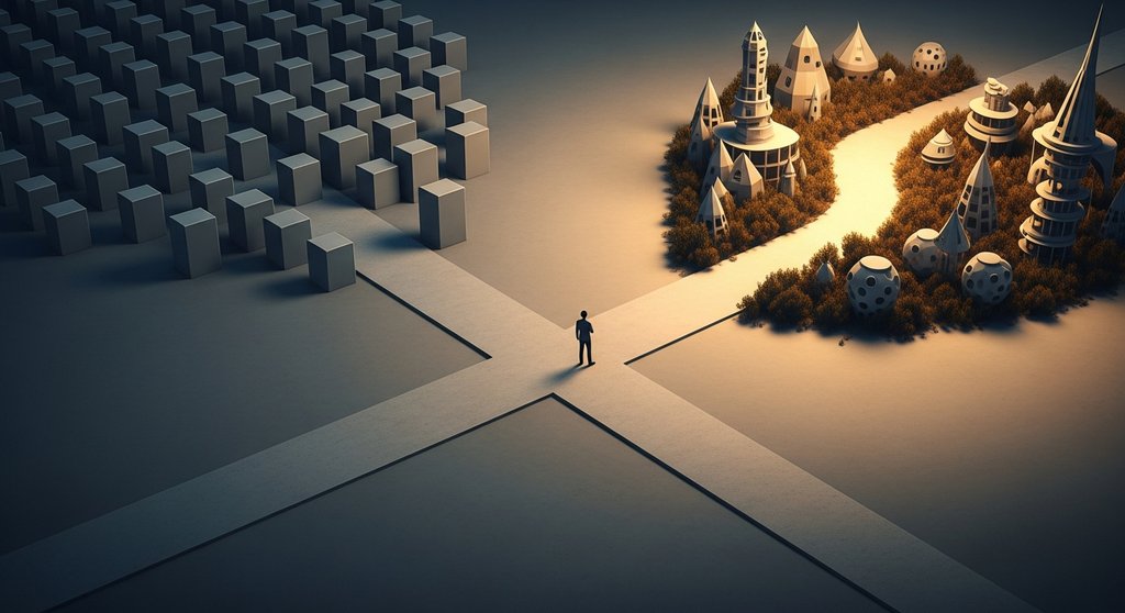 Ein Scheideweg, der die Wahl für Freelancer im KI-Zeitalter symbolisiert: Automatisierung oder strategische Spezialisierung.
