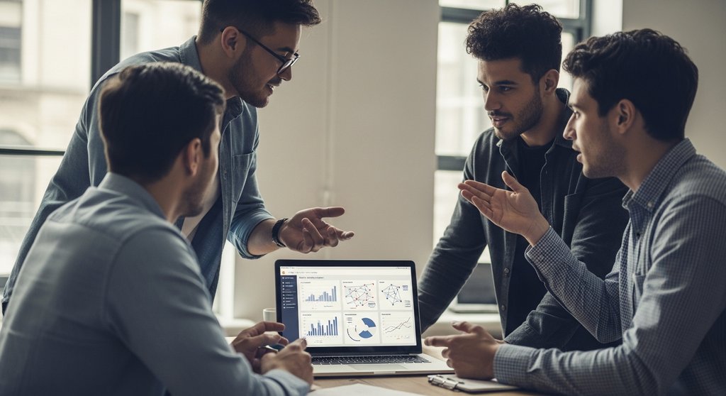 Ein Team analysiert die Ergebnisse seiner Social-Selling-Strategie auf einem Laptop.