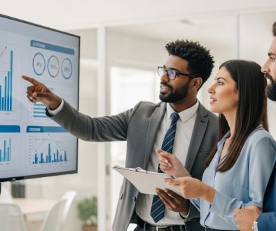 Ein Team analysiert Kennzahlen des Customer Success Managements auf einem Bildschirm.