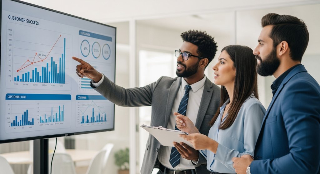 Ein Team analysiert Kennzahlen des Customer Success Managements auf einem Bildschirm.