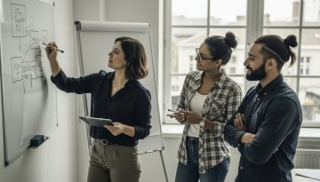 Ein Team in einer Agentur arbeitet kollaborativ an einem Whiteboard und etabliert eine positive Feedbackkultur.