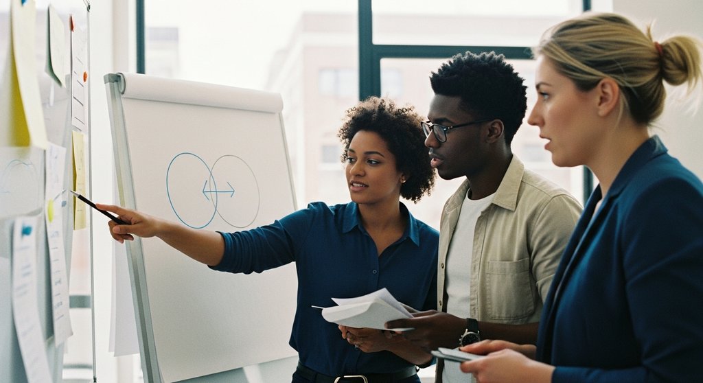 Ein Team von Marketing-Experten plant eine Co-Branding-Strategie am Whiteboard.