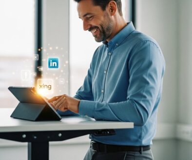 Ein Vertriebsexperte nutzt Social Selling Tools auf einem Tablet zur Lead-Generierung.