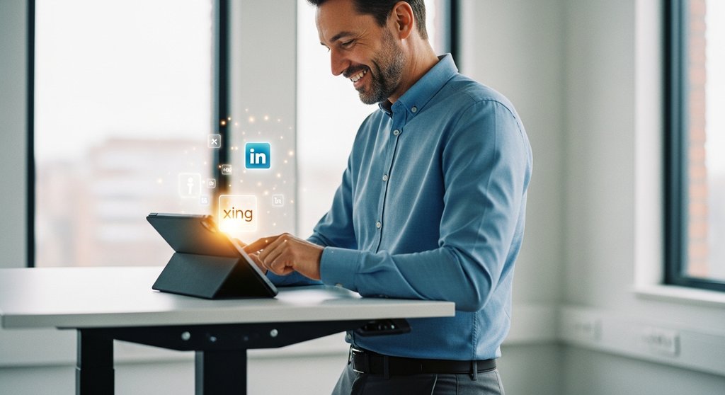 Ein Vertriebsexperte nutzt Social Selling Tools auf einem Tablet zur Lead-Generierung.