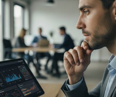 Ein Vertriebsmitarbeiter blickt konzentriert auf einen Tablet-Bildschirm, auf dem komplexe Datenvisualisierungen und Kundenprofile zu sehen sind, im Hintergrund ein modernes, offenes Büro mit unscharfen Kollegen. Medium Shot, professionelle Kleidung, nachdenkliche, aber zuversichtliche Stimmung. Gedämpfte, natürliche Bürobeleuchtung, die das Gesicht des Mitarbeiters hervorhebt. Shot on 35mm camera, DSLR, true-to-life colors, slight film grain, Kodak Portra 400 style, visible skin texture, depth of field. → Sales Intelligence Tools im Einsatz für datengestützten Vertriebserfolg.