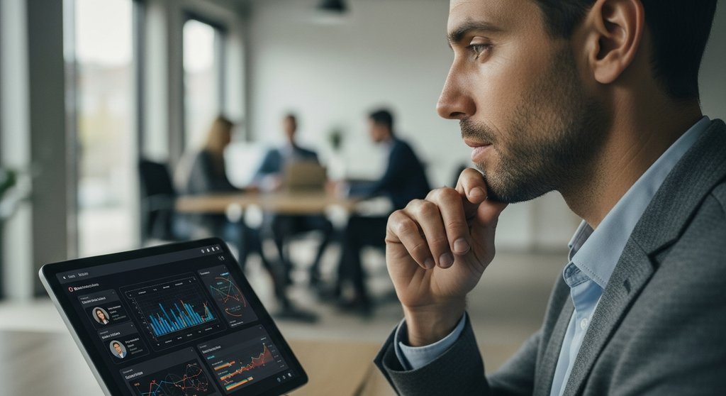 Ein Vertriebsmitarbeiter blickt konzentriert auf einen Tablet-Bildschirm, auf dem komplexe Datenvisualisierungen und Kundenprofile zu sehen sind, im Hintergrund ein modernes, offenes Büro mit unscharfen Kollegen. Medium Shot, professionelle Kleidung, nachdenkliche, aber zuversichtliche Stimmung. Gedämpfte, natürliche Bürobeleuchtung, die das Gesicht des Mitarbeiters hervorhebt. Shot on 35mm camera, DSLR, true-to-life colors, slight film grain, Kodak Portra 400 style, visible skin texture, depth of field. → Sales Intelligence Tools im Einsatz für datengestützten Vertriebserfolg.