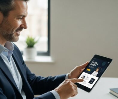 Ein Vertriebsmitarbeiter prüft ein überzeugendes Angebot auf seinem Tablet, erstellt mit einer Proposal Software.