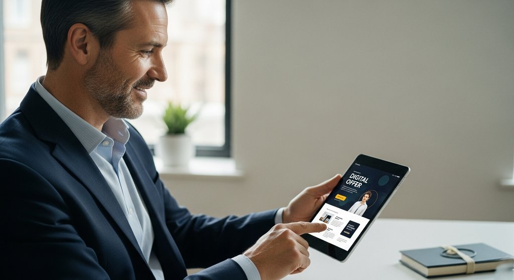 Ein Vertriebsmitarbeiter prüft ein überzeugendes Angebot auf seinem Tablet, erstellt mit einer Proposal Software.