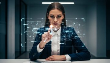 Eine Agentur-Inhaberin analysiert komplexe Datenschutz Risiken in Form eines Hologramms.
