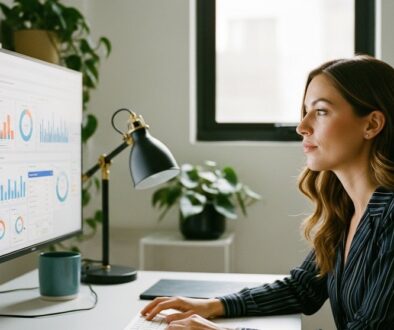 Eine Agentur-Inhaberin analysiert konzentriert Leads auf einem Bildschirm ihrer Lead Management Software.