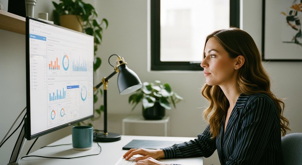 Eine Agentur-Inhaberin analysiert konzentriert Leads auf einem Bildschirm ihrer Lead Management Software.