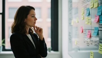 Eine Agentur-Inhaberin plant strategisch das Risikomanagement für ihre Projekte an einem Whiteboard.