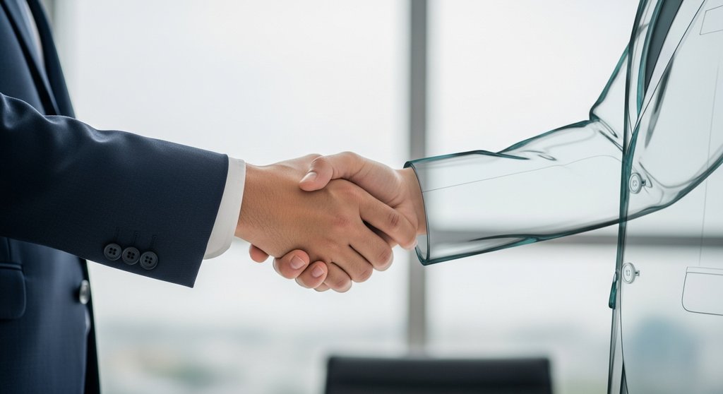 Eine Agentur-Inhaberin schüttelt die Hand eines unsichtbaren White Label Partners.