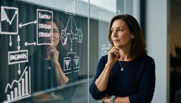 Eine Agenturchefin plant eine Thought-Leadership-Strategie an einer Glaswand.
