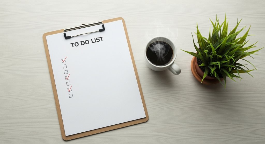 Eine Checkliste symbolisiert die an einen virtuellen Assistenten delegierten Aufgaben und die damit verbundene Organisation.
