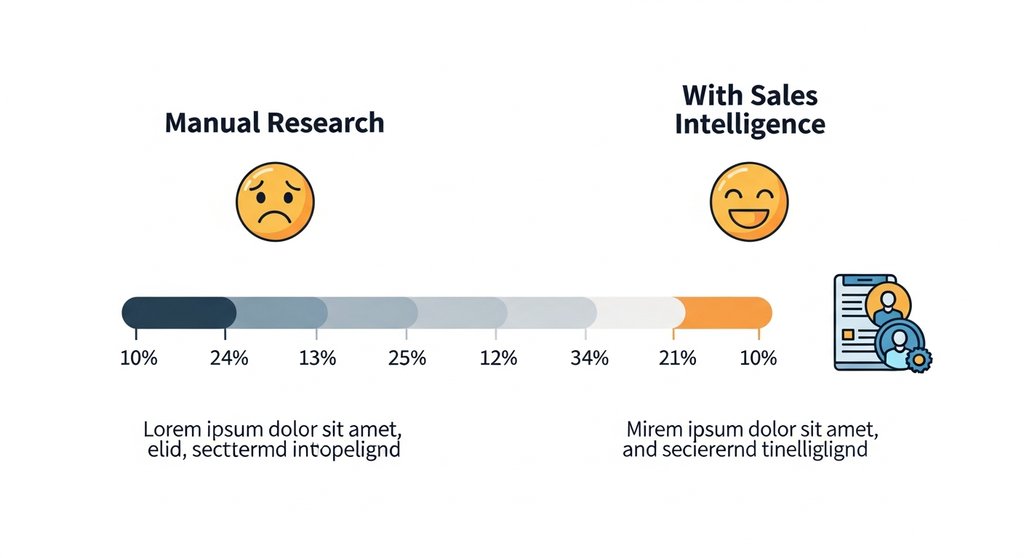 Eine dynamische Infografik im Editorial Style, die den Unterschied im Zeitaufwand für Vertriebsrecherche darstellt. Links ein trauriger Smiley bei 'Manuelle Recherche' mit einer langen Zeitleiste, rechts ein glücklicher Smiley bei 'Mit Sales Intelligence' mit einer sehr kurzen Zeitleiste. Klare, professionelle Schriftarten, gedeckte Farben, minimalistisches Design. → Infografik zum Zeitaufwand im Vertrieb mit und ohne Sales Intelligence Tools.