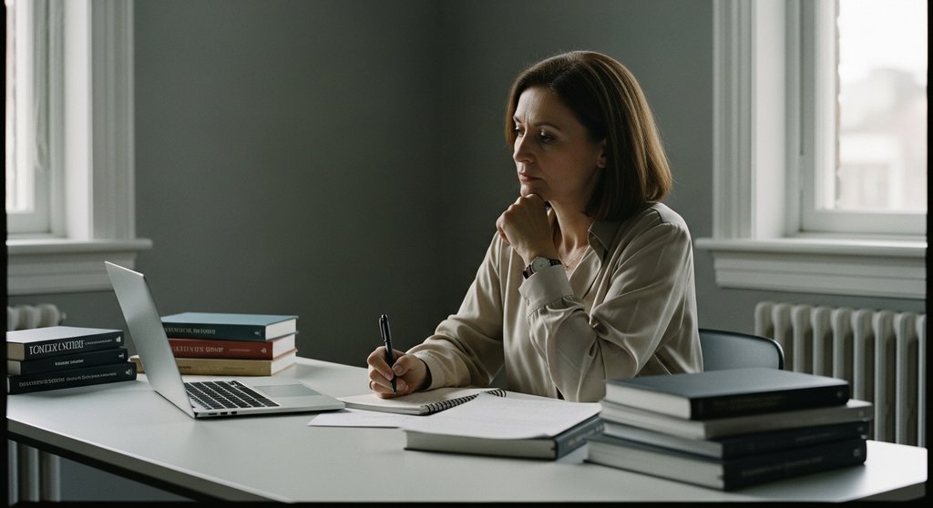 Eine Frau mittleren Alters sitzt konzentriert an einem Schreibtisch und macht sich Notizen zur Vorbereitung auf ein Interview. Editorial Style Fotografie, Shot on 35mm camera, eine fokussierte Unternehmerin an einem minimalistischen Schreibtisch, umgeben von Büchern und einem Laptop. Sie hält einen Stift und blickt nachdenklich auf ihre handschriftlichen Notizen. Das Licht kommt von einem Fenster an der Seite und erzeugt weiche Schatten. Die Stimmung ist ruhig und intellektuell. Muted tones, slight film grain, Kodak Portra 400 style. →