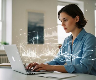 Eine Freelancerin nutzt KI-Technologie, um ihre Arbeit zu optimieren und ihre Zukunft zu sichern.