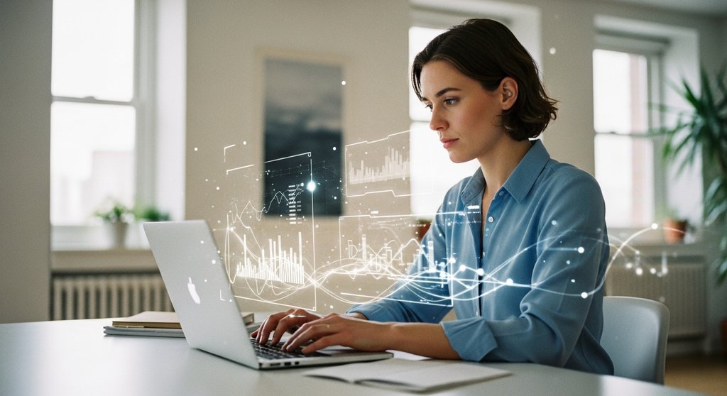 Eine Freelancerin nutzt KI-Technologie, um ihre Arbeit zu optimieren und ihre Zukunft zu sichern.