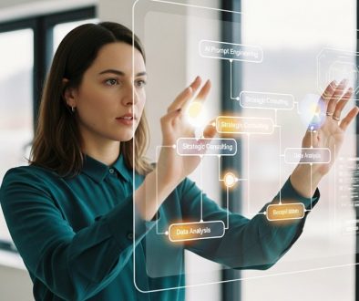 Eine Freelancerin plant strategisch ihre Weiterbildung an einer futuristischen Benutzeroberfläche.