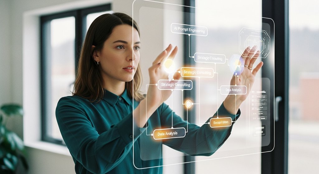 Eine Freelancerin plant strategisch ihre Weiterbildung an einer futuristischen Benutzeroberfläche.