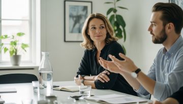 Eine Führungskraft mit hoher emotionaler Intelligenz hört einem Mitarbeiter in einem Meeting aufmerksam zu.