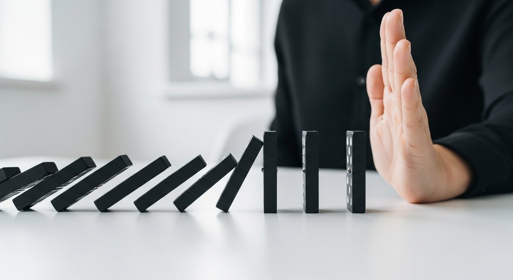 Eine Hand stoppt eine Domino-Kettenreaktion, Symbol für proaktives Krisenmanagement im ORM.
