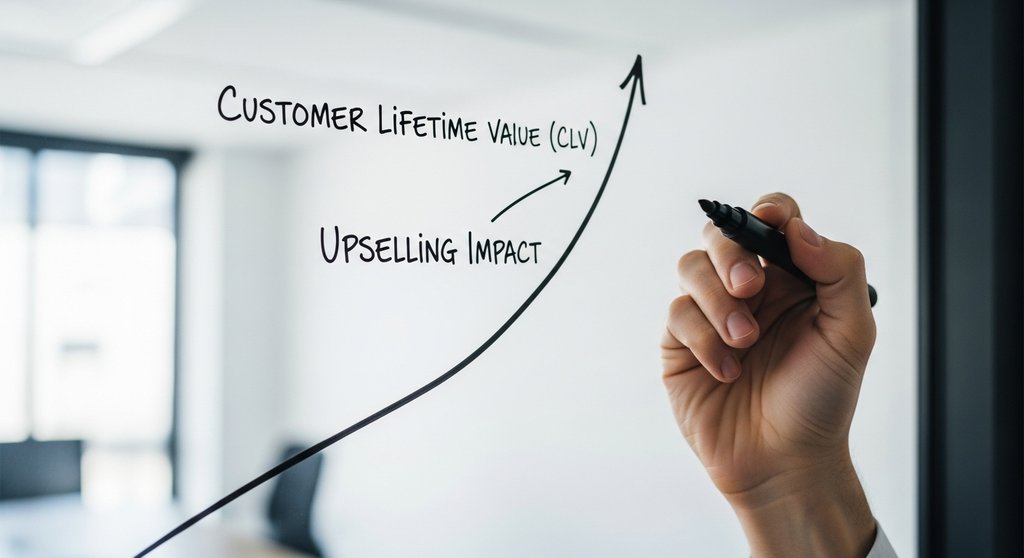 Eine Hand zeichnet mit einem Marker eine aufsteigende Kurve auf ein Glas-Whiteboard, die den steigenden Customer Lifetime Value durch Upselling darstellt. Die Aufnahme ist ein dynamischer Close-up, fotografiert mit einer DSLR-Kamera im Editorial Style, mit starkem Fokus auf die Handlung und einem unscharfen Büro-Hintergrund.