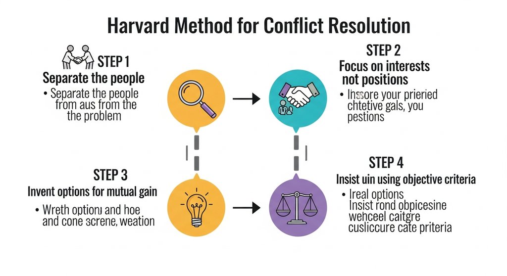 Eine Infografik zeigt die vier Schritte der Harvard-Methode zur Konfliktlösung.