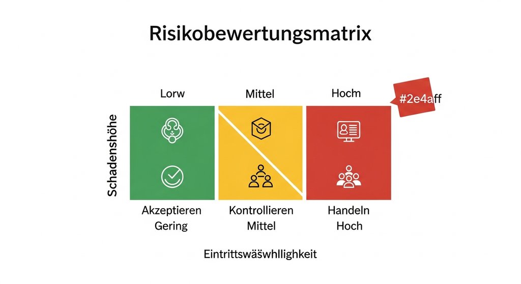 Eine Infografik zeigt eine Risikomatrix zur Bewertung von Risiken nach Eintrittswahrscheinlichkeit und Schadenshöhe.