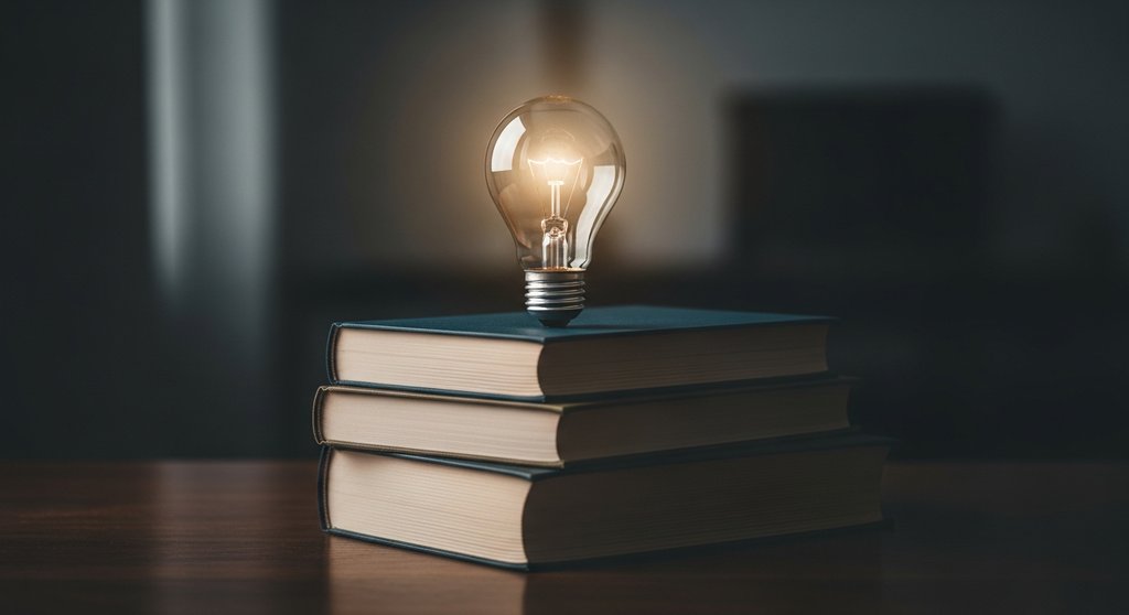 Eine leuchtende Glühbirne auf Büchern symbolisiert den immateriellen Wert einer Agentur.