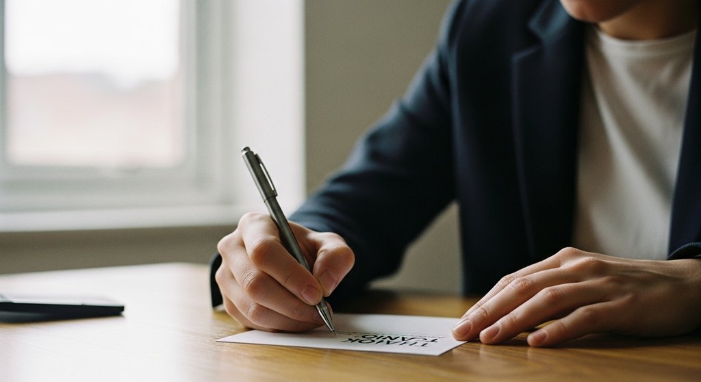 Eine Person schreibt eine persönliche Dankeskarte für eine erfolgreiche Kundenempfehlung. Shot on 35mm camera, candid shot of a business owner at a wooden desk writing a thank you card. The focus is on the hands and the card, with the person's face slightly blurred in the background. The scene should evoke a sense of genuine appreciation and personal touch. Warm, natural lighting from a window. Muted tones, slight film grain, Kodak Portra 400 style.